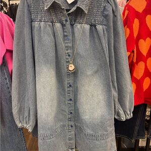 Denim Button-Up Dress with Necklace